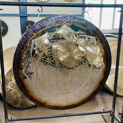 Flower of Life Mirror Gong, High Quality Unique 32" Gong with Solid, Flummy, Friction & Whale Mallets Healing Moments