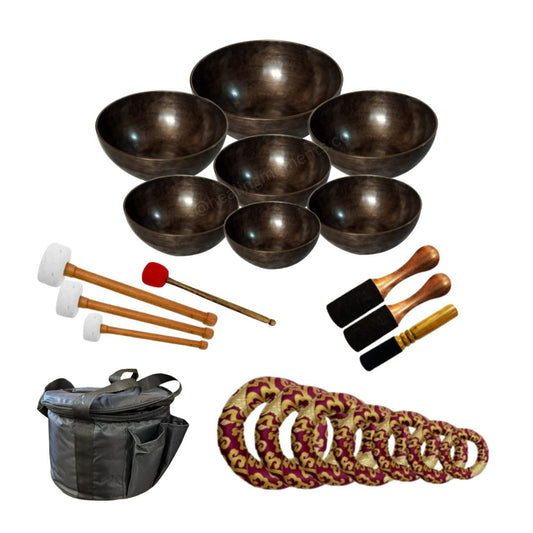 Antique Brown 7 Chakra Singing Bowl Set for Healing & Meditation, Professionally Uses Healing Moments