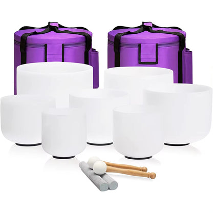 440hz Perfect Pitch 7 Chakras Frosted Quartz Crystal Singing Bowl Set (6 - 12 Inches) Healing Moments