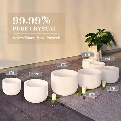 440hz Perfect Pitch 7 Chakras Frosted Quartz Crystal Singing Bowl Set (6 - 12 Inches) Healing Moments