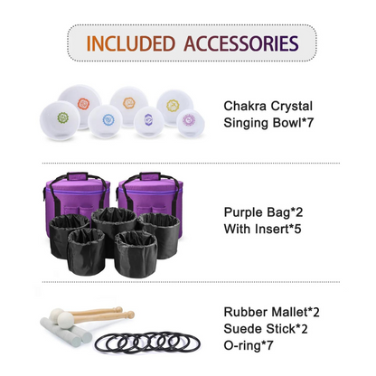 440hz Perfect Pitch 7 Chakras Frosted Quartz Crystal Singing Bowl Set (6 - 12 Inches) Healing Moments