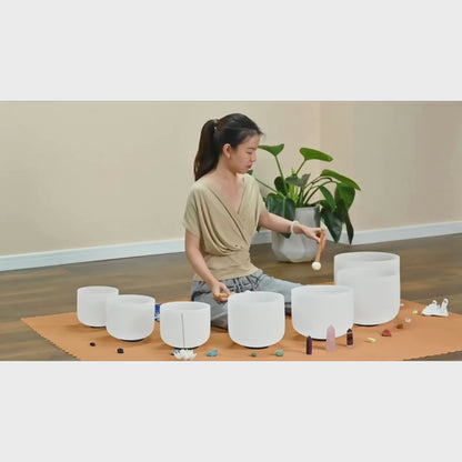 7 Chakras Frosted Quartz Crystal Singing Bowl Set (6 - 12 Inches), 432hz Perfect Pitch